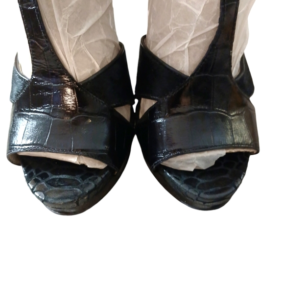 NEW Michael Kors Black Nadja T Strap Platform Heels Snake Embossed Stiletto 7.5 - Picture 4 of 11